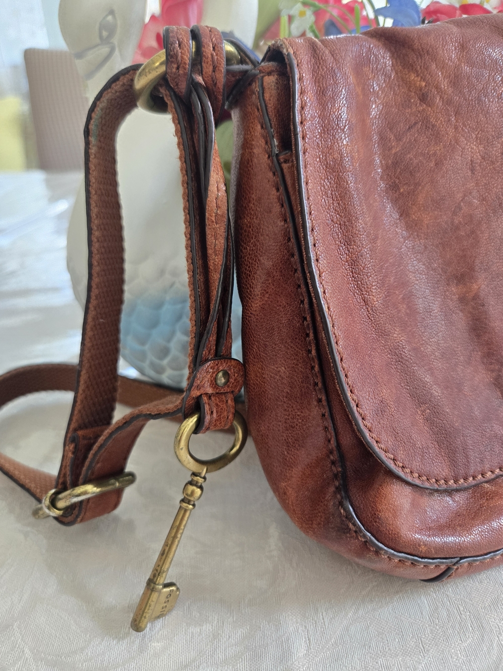 LOW START Fossil Brown Leather Crossbody Bag with Brass Hardware - Picture 15 of 15